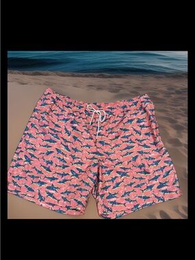 Lands End Men's Pink Shark-Print Swim Trunks size XXL 44/46 and 8” inseam